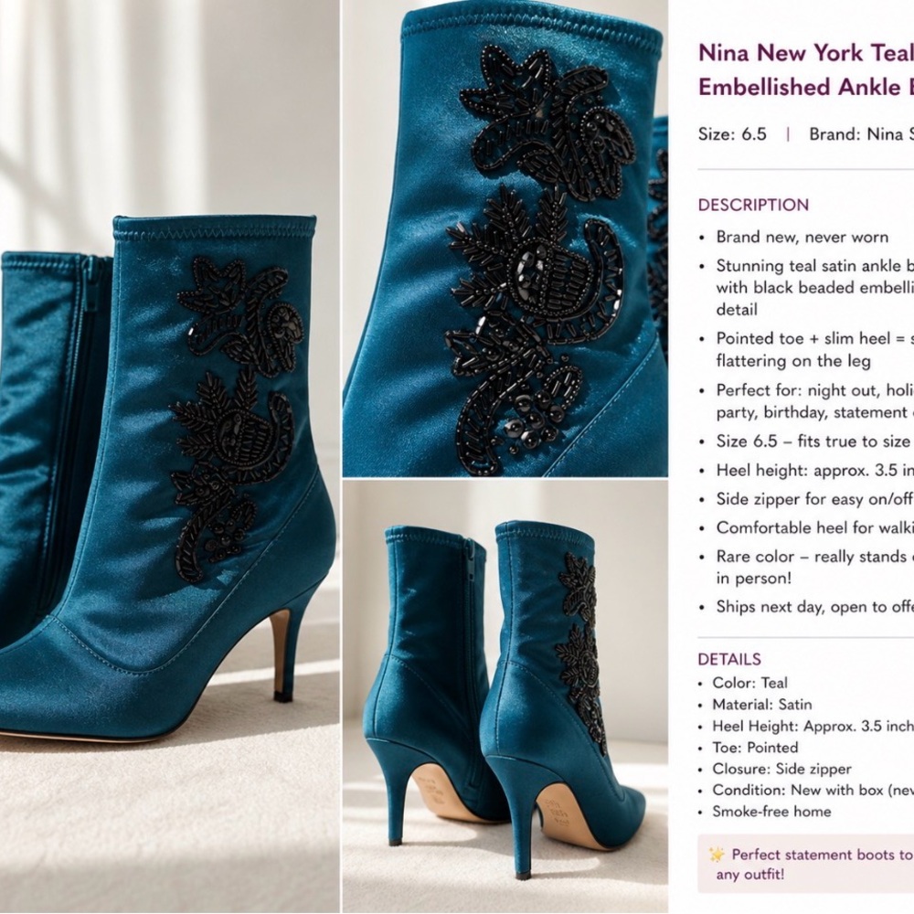 Nina New York Teal Satin Embellished Ankle Boots Size 6.5 Pointed Toe Heels